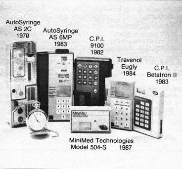 A black and white image of a collection of insulin pumps that were used in the past