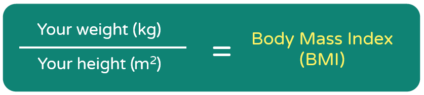 BMI calculation in green box:

Your weight in kg divided by your height in metres squared equals your body mass index